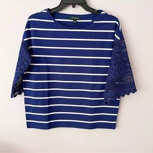 LAUREN Ralph Lauren Top Blue/White Striped Crochet Sleeves 100%Cotton Women/New